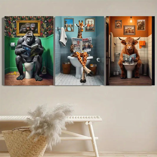 3pcs Animals Sitting on Bathroom & Reading Metal Print Ready to Hang Art
