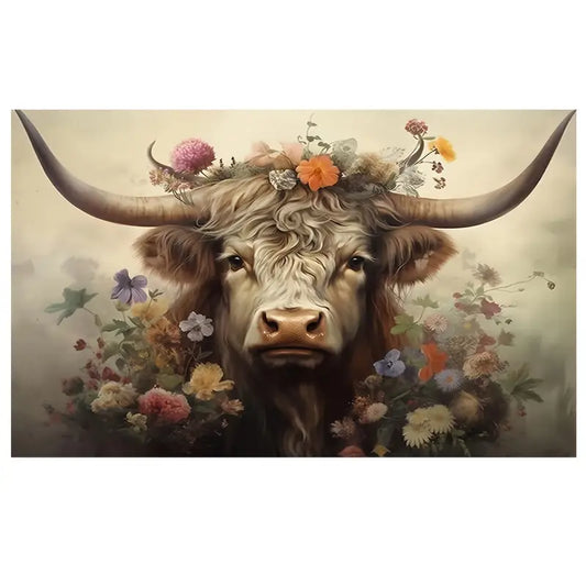 Highland Cow Floral Print 100% Australian Made 60x40cm Stretched Canvas Ready to Hang