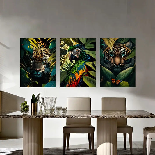 3pcs Vibrant Jungle Animal Tiger Macaw Metal Print Ready to Hang Art