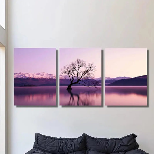 3pcs Perched Tree, Vibrant Purple & Pink Sky Metal Print Ready to Hang Art