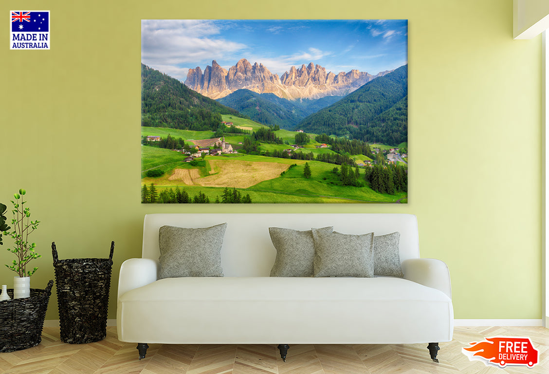 Green Hills & Mountains Village Print 100% Australian Made Stretched Canvas Ready to Hang - NT-103