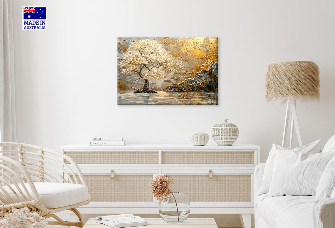 Golden Majestic Tree Lake Mountains Print 100% Australian Made 60x40cm Stretched Canvas Ready to Hang