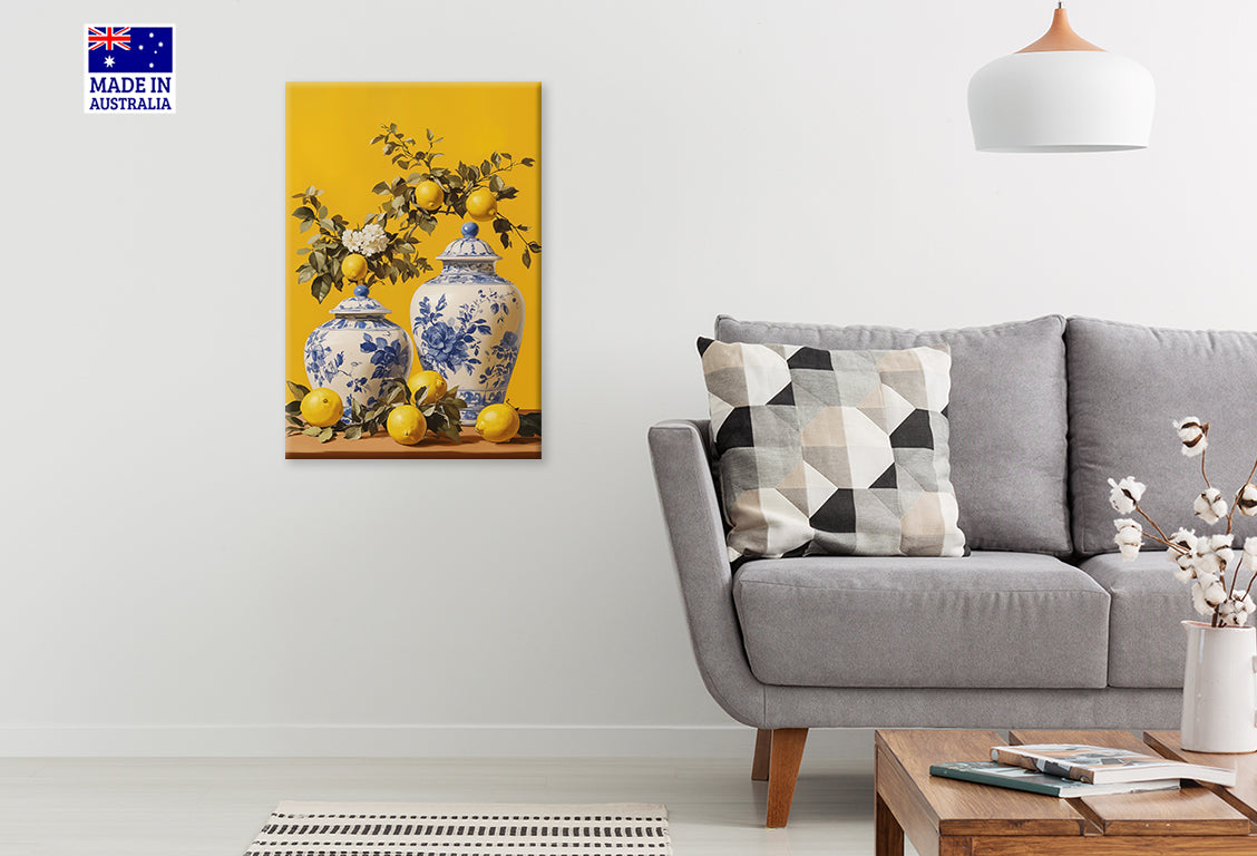 Vases With Lemons and a Flower Painting Print 100% Australian Made 40x60cm Stretched Canvas Ready to Hang