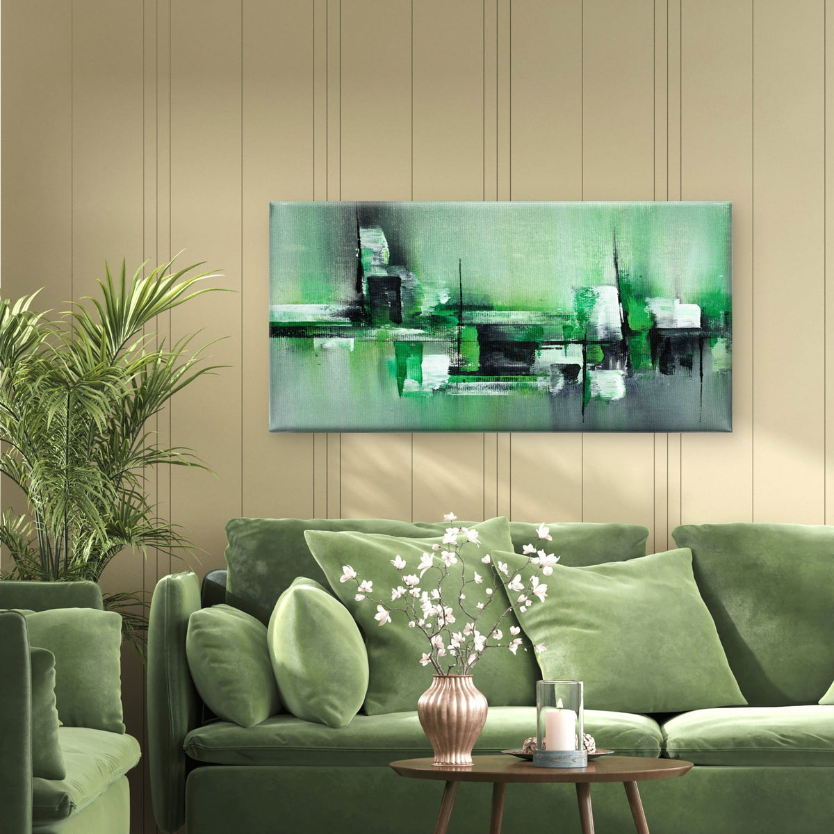 Modern Green White Abstract Wall Art Canvas Office Home Room Framed 120x60 cm