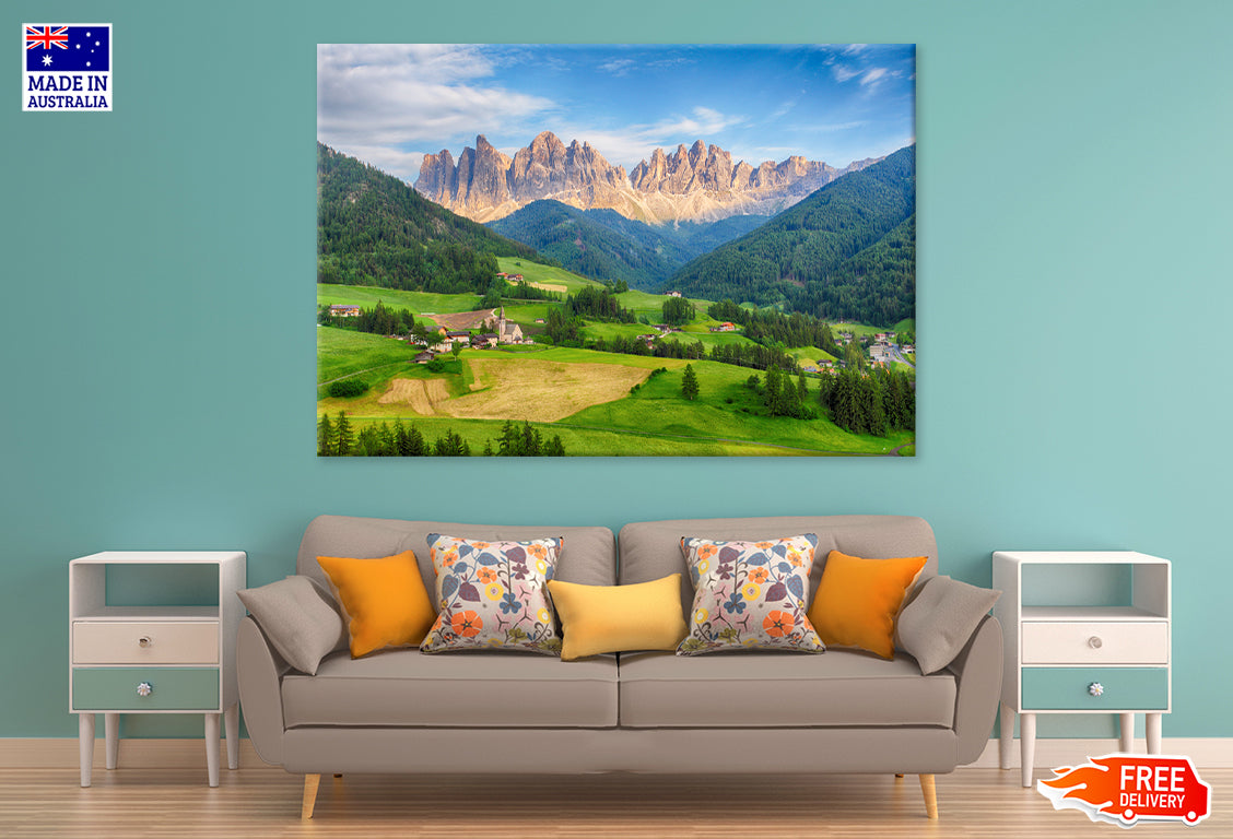 Green Hills & Mountains Village Print 100% Australian Made Stretched Canvas Ready to Hang - NT-103