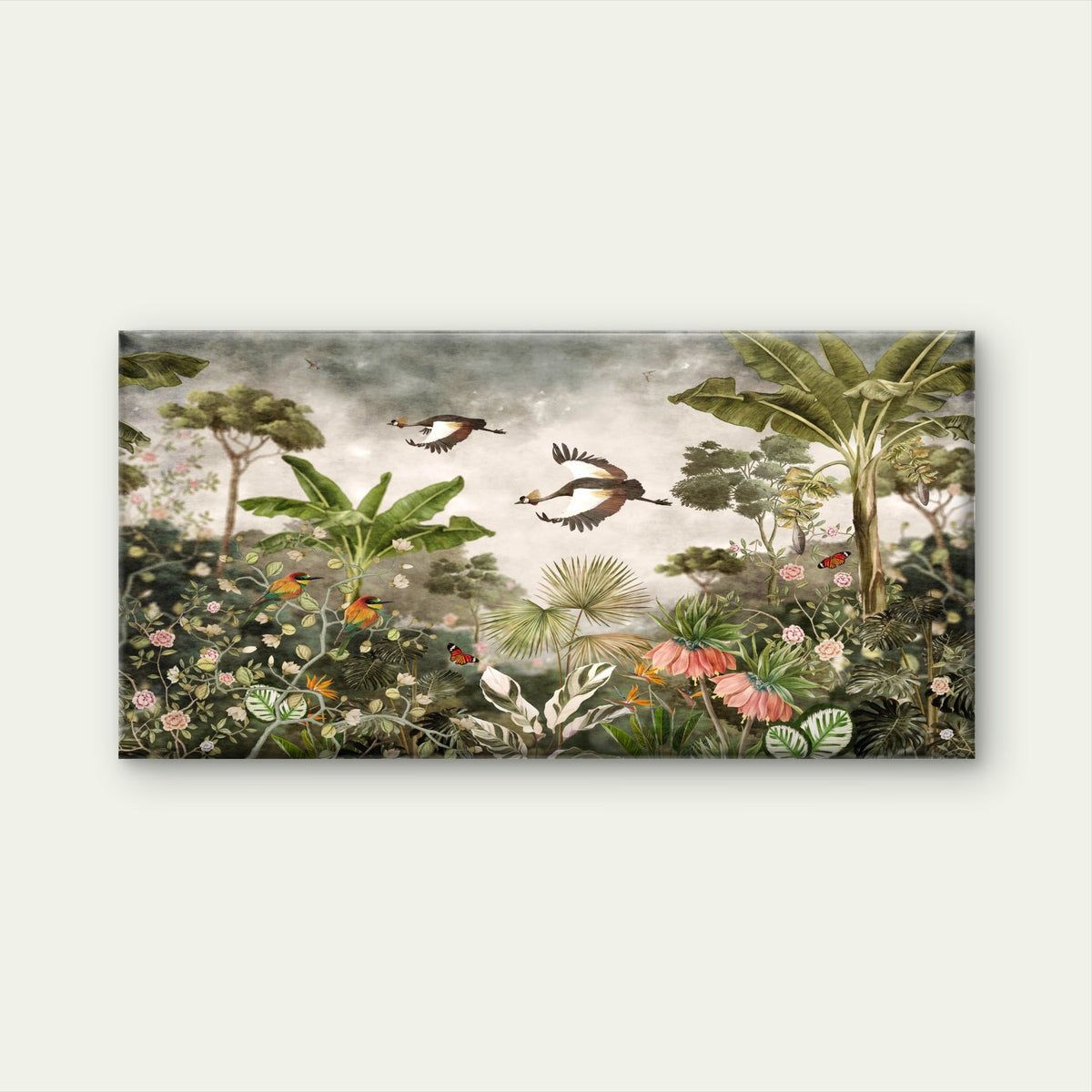 Vintage Tropical Jungle Crane Scene Wall Art Canvas Office Home Room Framed 120x60cm