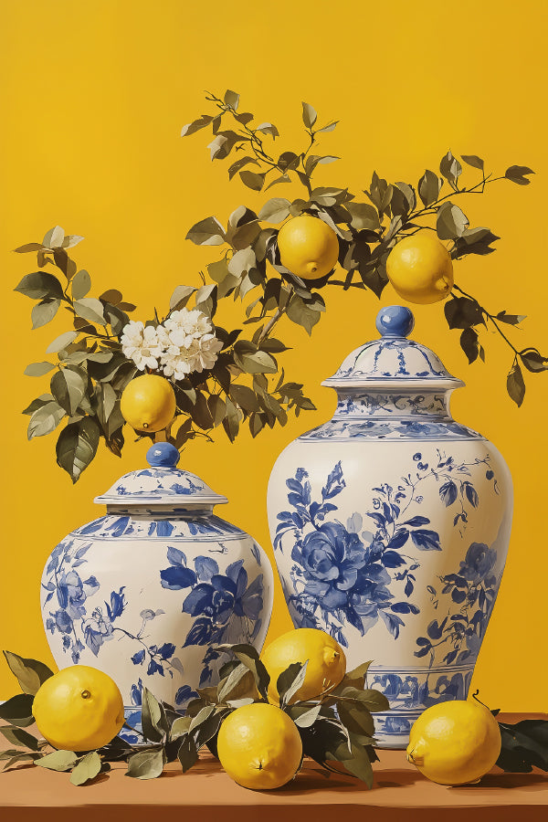 Vases With Lemons and a Flower Painting Print 100% Australian Made 40x60cm Stretched Canvas Ready to Hang