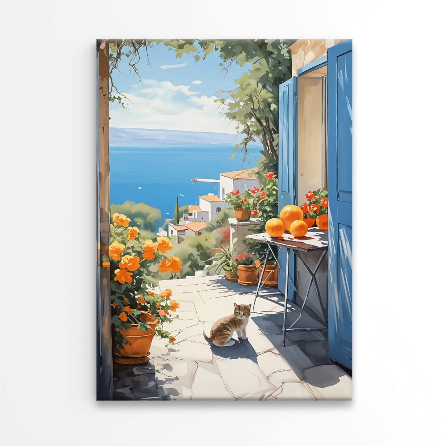 Tabby Cat Vibrant Flowers Ocean View Print 100% Australian Made 40x60cm Stretched Canvas Ready to Hang