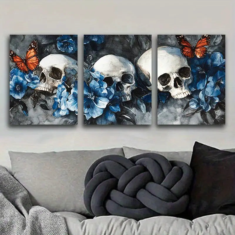 3pcs Skulls and Blue Flowers with Butterflies Metal Print Ready to Hang Art