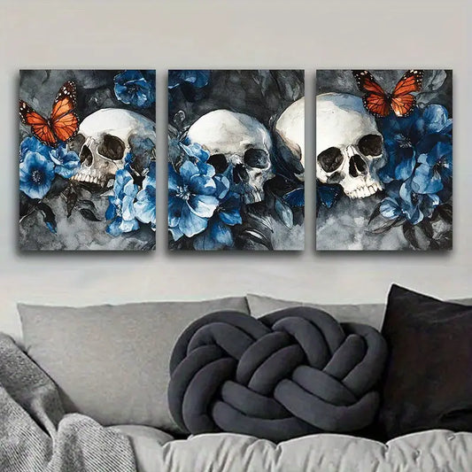 3pcs Skulls and Blue Flowers with Butterflies Metal Print Ready to Hang Art