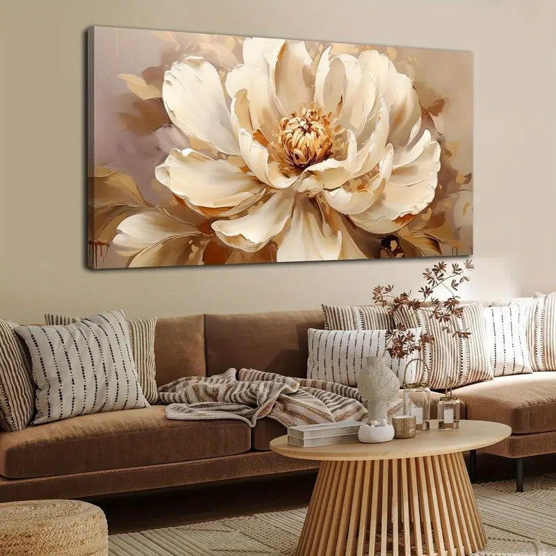 White Floral Beige & Golden Accent Wall Art canvas office home room framed 120x60cm