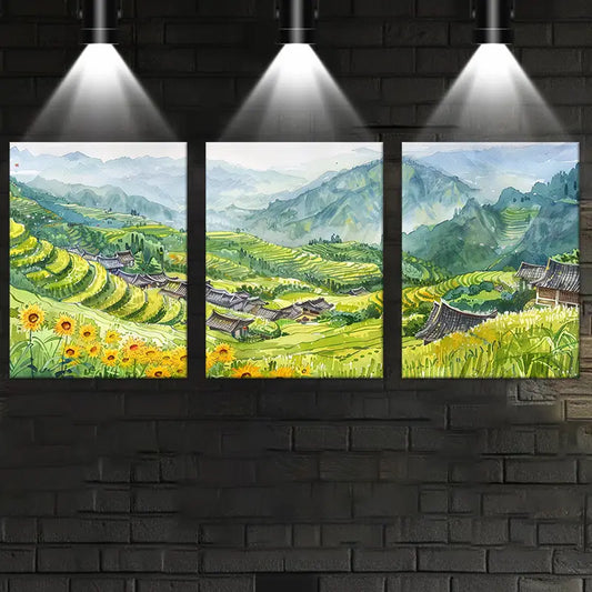 3pcs Mountain Village Greenish & Flowers Metal Print Ready to Hang Art