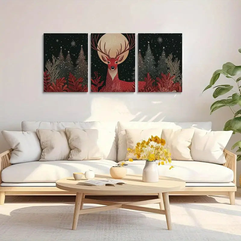 3pcs Elegant Red-Nosed Deer with Snowy Forest & Starry Night Metal Print Ready to Hang Art