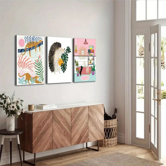 3pcs Patterned Melody of the Leopard, Unique Design Metal Print Ready to Hang Art
