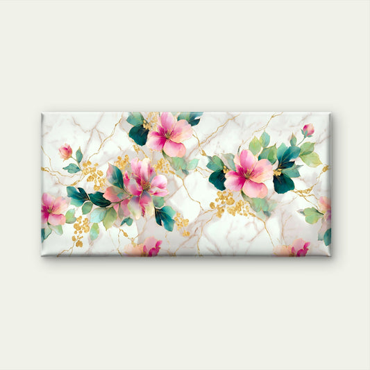 Pink Floral Gold Veins Marble Pattern Wall Art Canvas Office Home Room Framed 80x45cm