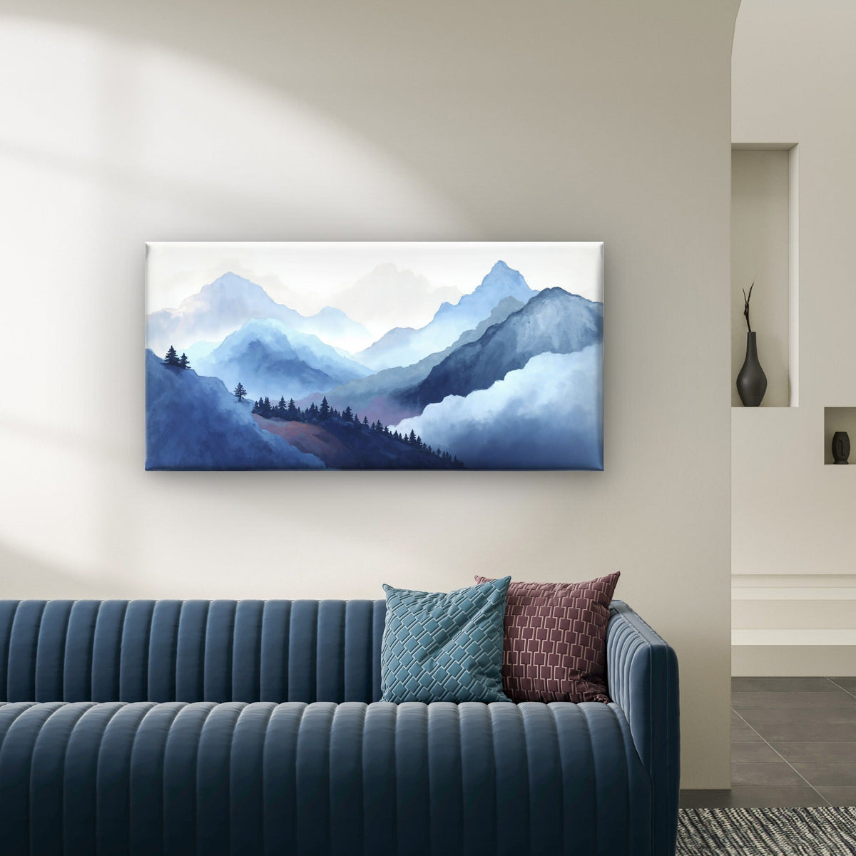 Blue Misty Mountain Peak Ridge Wall Art Canvas Office Home Room Framed 80x45cm