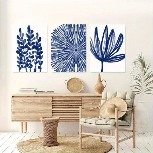 3pcs Watercolor Blue Flower & Leaves Classic Design Metal Print Ready to Hang Art