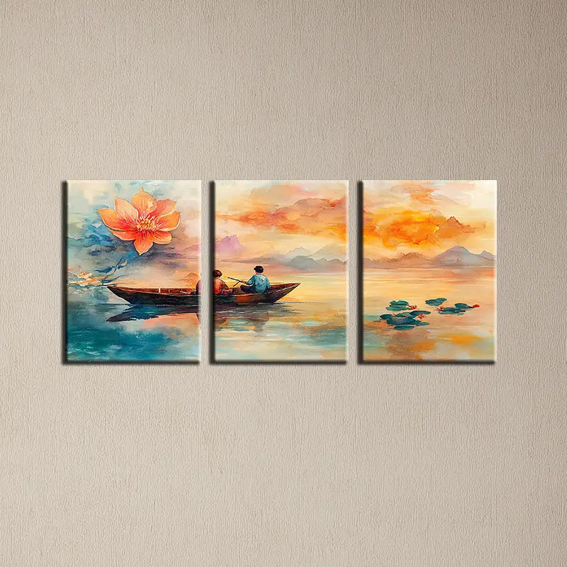 3pcs Serene Lake with Lotus Flowers, Sunset Sky Metal Print Ready to Hang Art