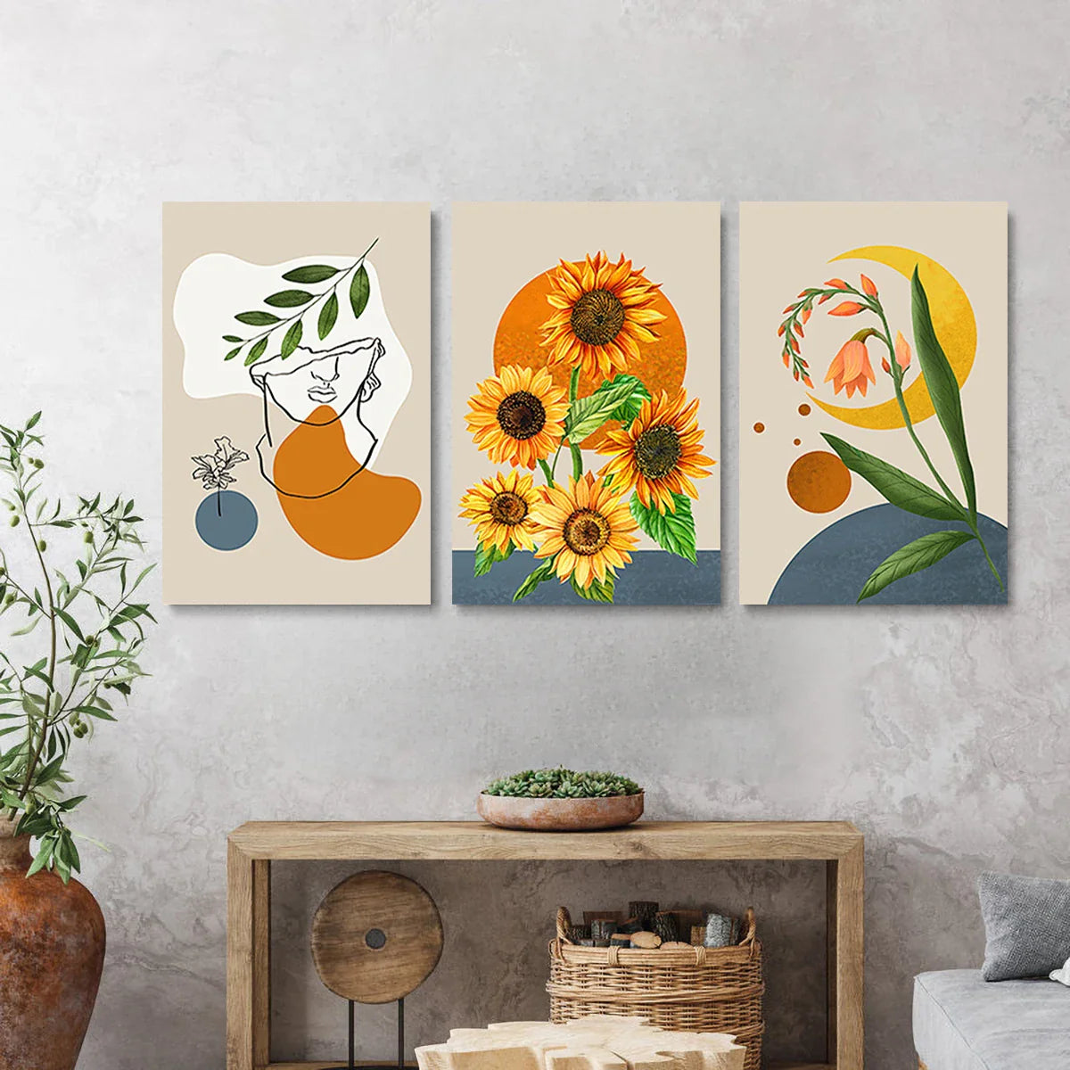 3pcs Beautiful Painted Sunflower Flower Abstract Metal Print Ready to Hang Art