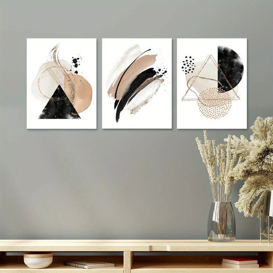 3pcs Abstract Geometric Beige, Golden, and Black Metal Print Ready to Hang Art