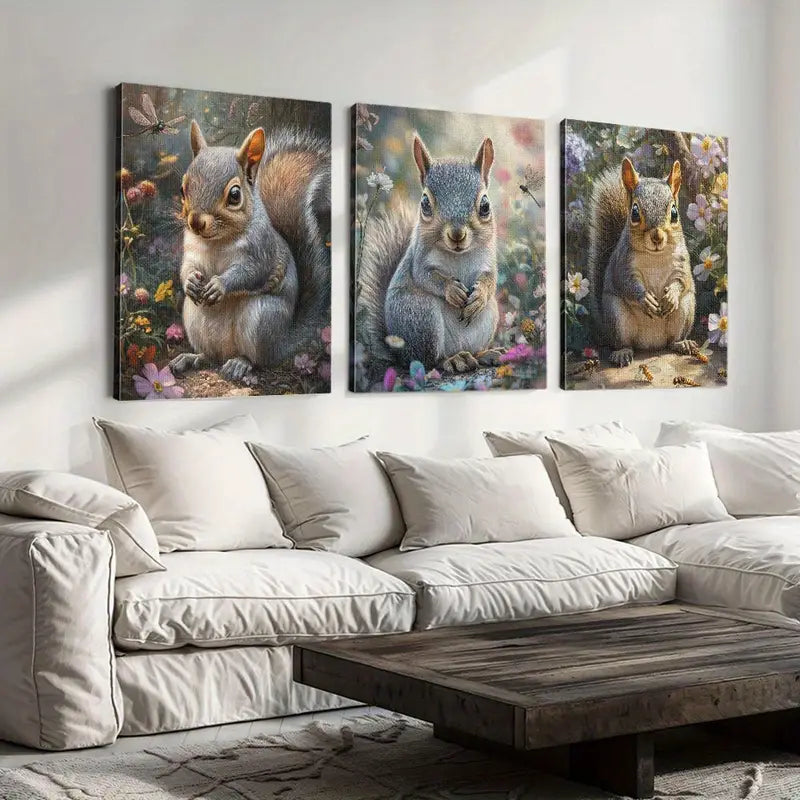 3pcs Gray Squirrel Vibrant Floral & Butterfly Nature Scenes Metal Print Ready to Hang Art
