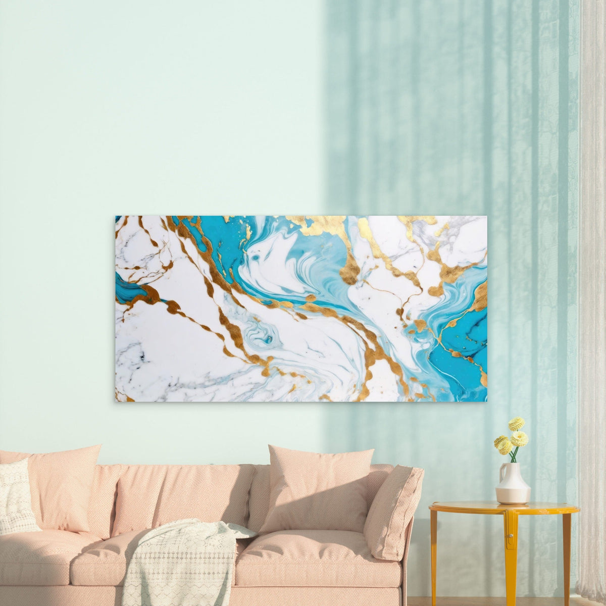 Azure Currents Golden Whispers Wall Art Canvas Office Home Room Framed 120x60cm