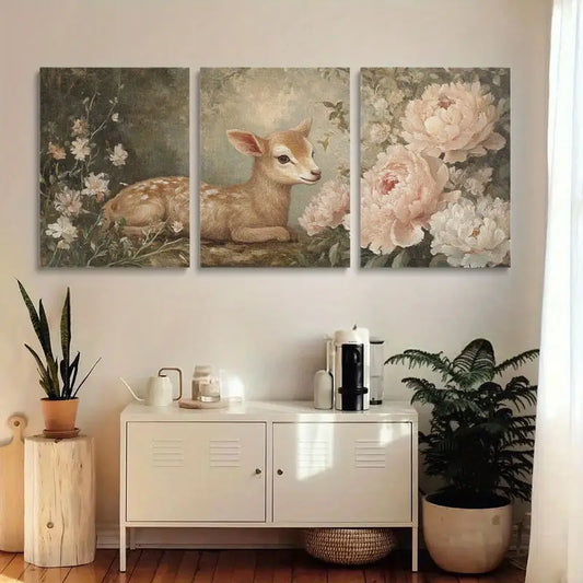 3pcs Rustic Deer and Fawn Floral and Fauna Design Metal Print Ready to Hang Art