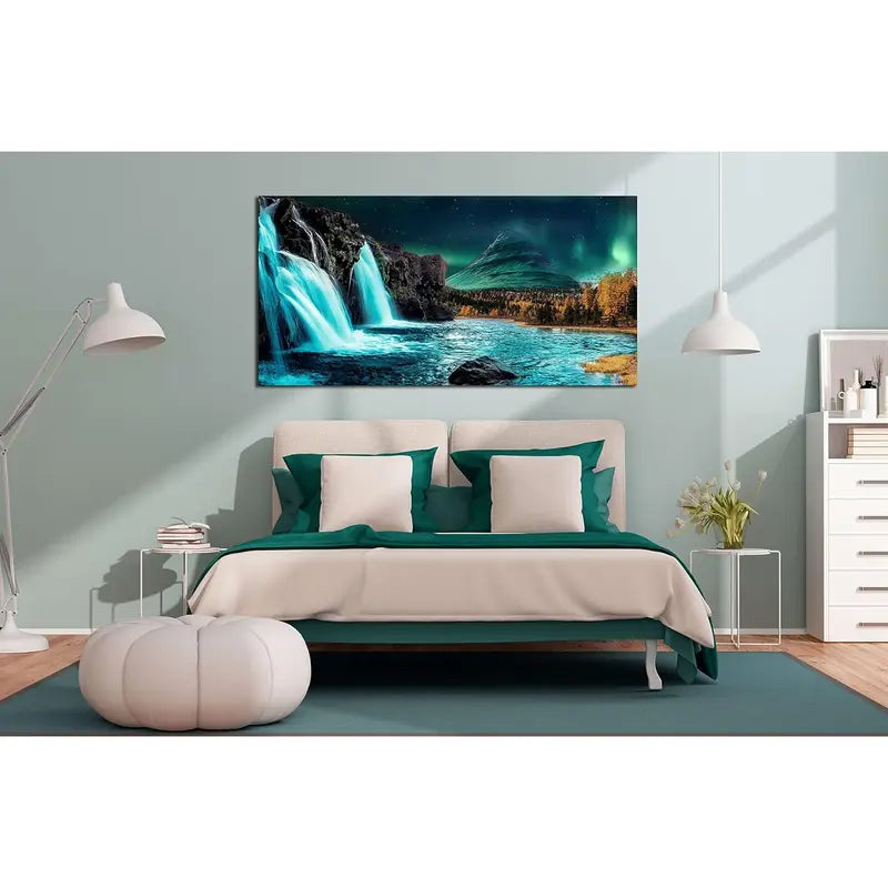 Waterfall Nature Black Mountains Ocean Wall Art canvas office home room framed 120x60cm