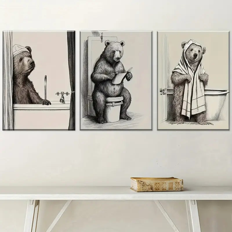 3pcs Retro Style Bear-Like In Bathroom  Wall Art Set Canvas Framed 40x60cm - High Quality Print 100% Australian Made Wall Canvas Ready to Hang