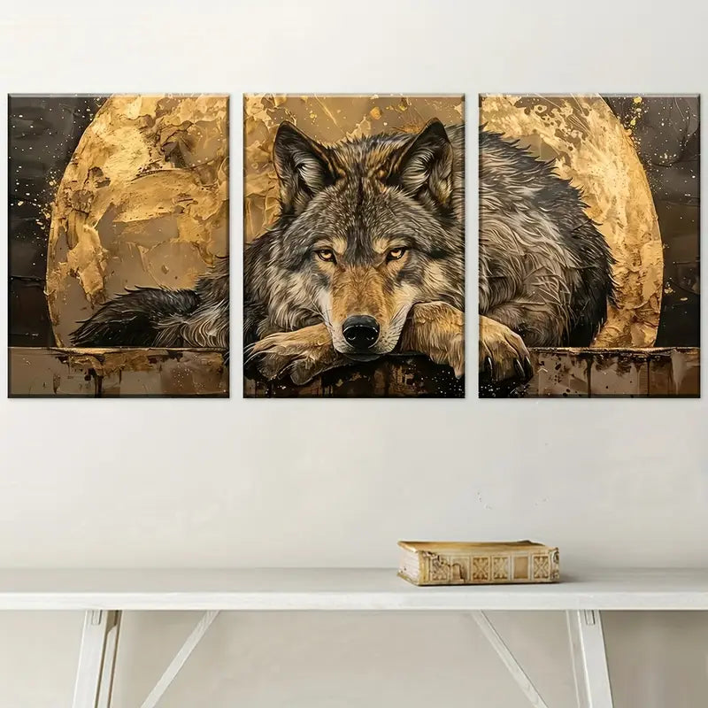 3pcs Light Luxury Modern Golden Wolf Animal Wall Art Set Canvas Framed 40x60cm - High Quality Print 100% Australian Made Wall Canvas Ready to Hang