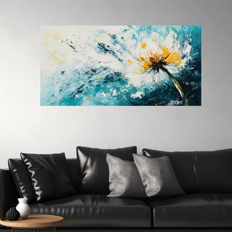 Giant Dandelion Teal Blue & Yellow Floral Design Wall Art wall canvas office home room framed 120x60cm