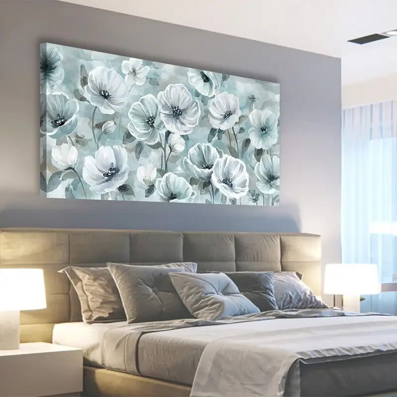 Grey and White Blossom Botanical Wall Art canvas office home room framed 120x60cm