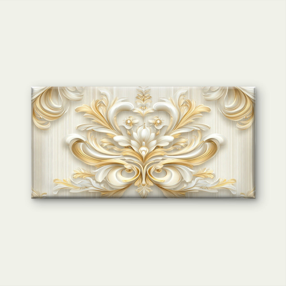 White Gold Baroque Damask Art Wall Art Canvas Office Home Room Framed 120x60cm