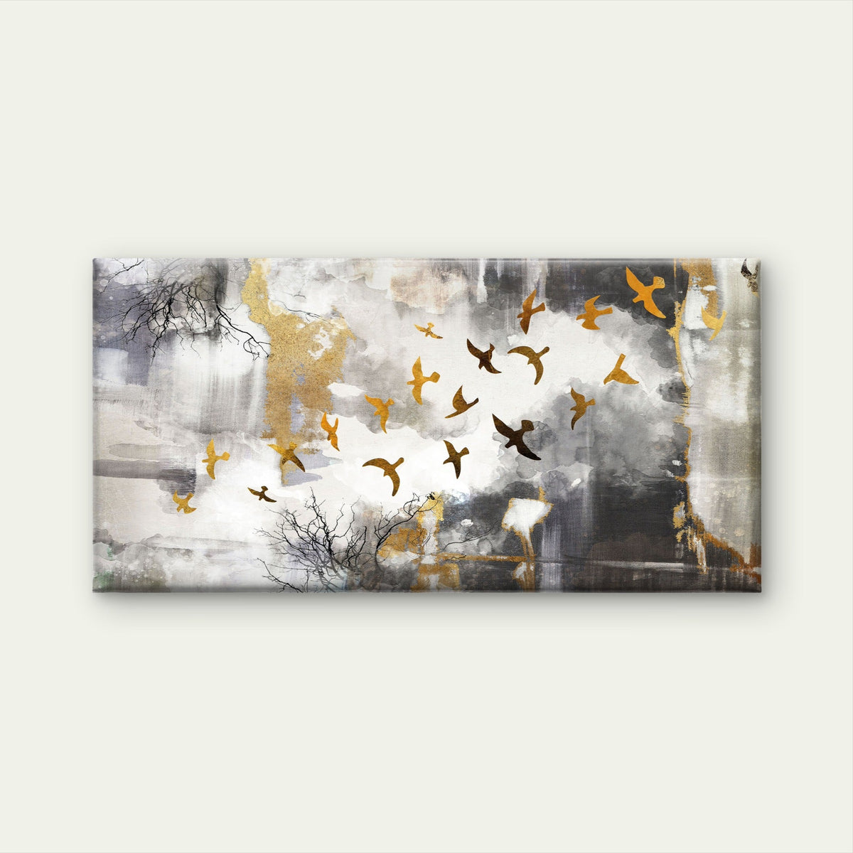 Abstract Gold Bird Flock Grey Tree Wall Art Canvas Office Home Framed 80x45cm