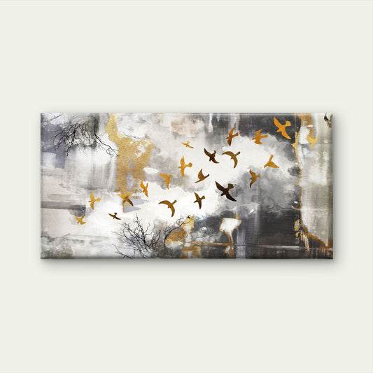 Abstract Gold Bird Flock Grey Tree Wall Art Canvas Office Home Framed 80x45cm