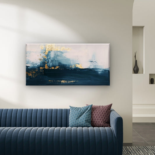 Navy Blue Gold Abstract Wall Art Canvas Office Home Room Framed 80x45cm