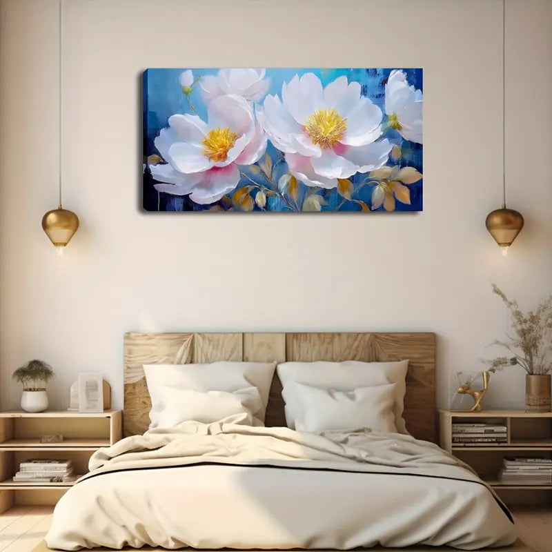 White Flowers with Yellow Center Wall Art Canvas Office Home Room Framed 120x60cm