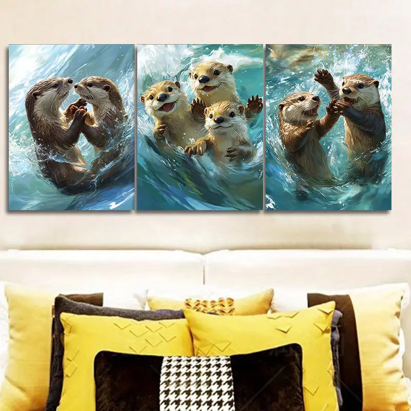 3pcs Playful Otters Metal Print Ready to Hang Art