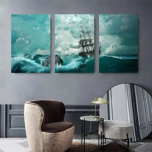 3pcs Shipwreck at Sea Waves Crashing Stormy Ocean Metal Print Ready to Hang Art