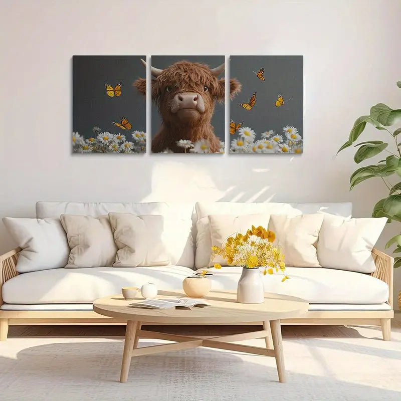3pcs Highland Cow with Daisies & Butterflies, Whimsical Metal Print Ready to Hang Art