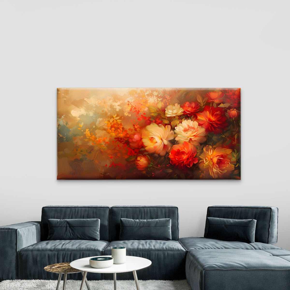 Vibrant Floral Oil Painting Wall Art Canvas Office Home Room Framed 80x45cm