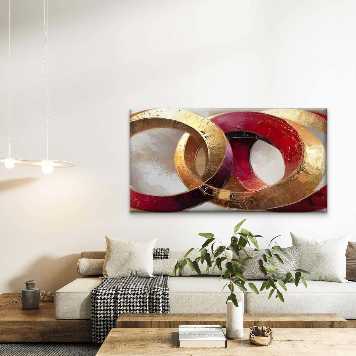 Red and Golden Interwoven Circl Wall Art Canvas Office Home Room Framed 120x60cm