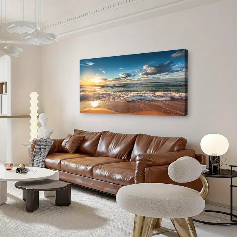 Beach Sunset Ocean Coastal White Clouds Wall Art canvas office home room framed 120x60cm
