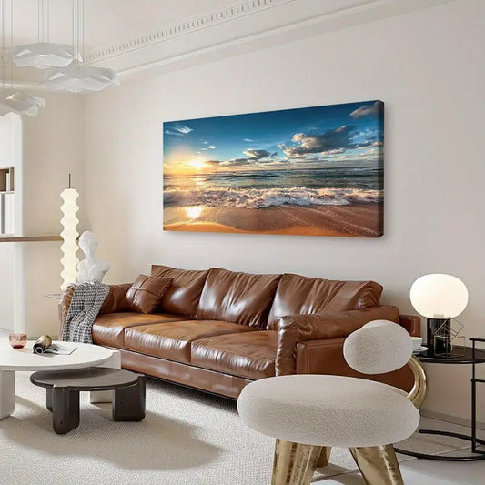 Beach Sunset Ocean Coastal White Clouds Wall Art canvas office home room framed 120x60cm