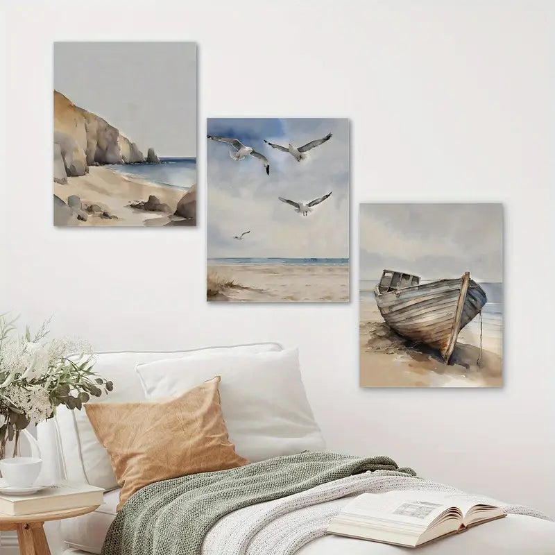 3pcs Watercolor Coastal Ocean Painting Metal Print Ready to Hang Art