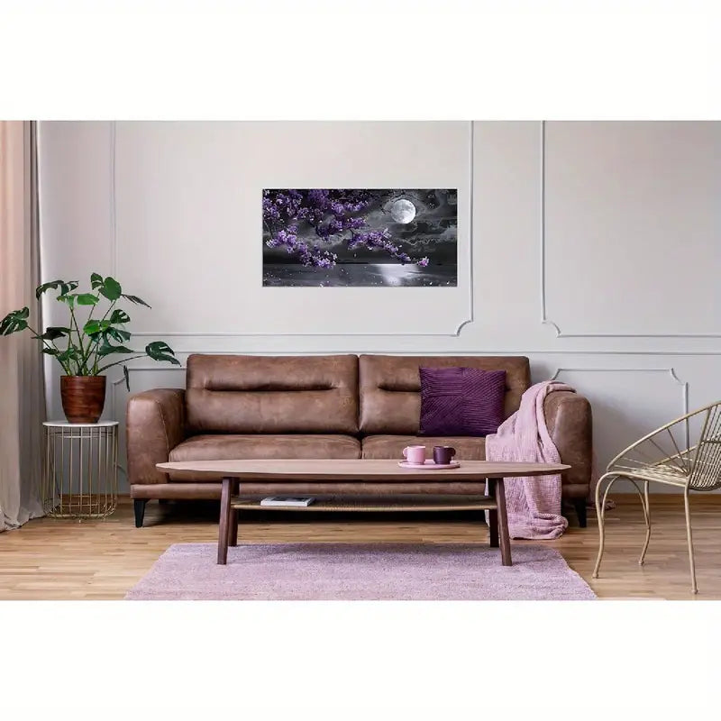 Black & White Night Sea Full Moon & Purple Flowers Calming Nature Wall Art canvas office home room framed 120x60cm