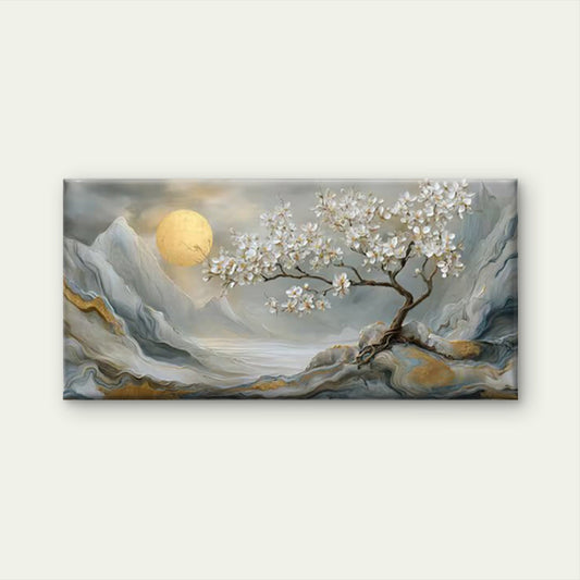 Golden Moon & White Floral Tree Wall Art Canvas Office Home Room Framed 80x45cm
