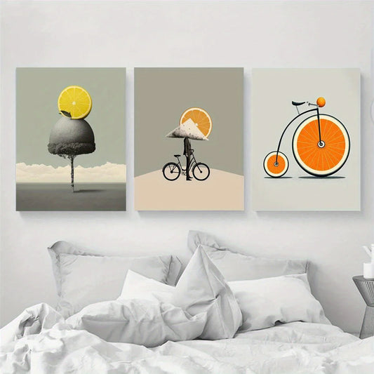 3pcs Surreal Orange Lemon & Bicycle Classic Design Metal Print Ready to Hang Art