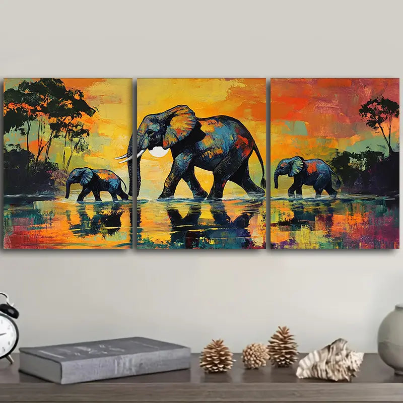 3pcs The Elephant is Walking Metal Print Ready to Hang Art