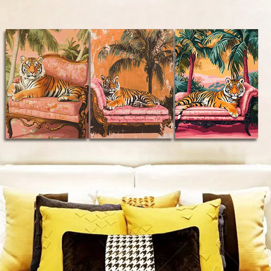 3pcs Featuring a Tiger Resting on a Sofa Metal Print Ready to Hang Art